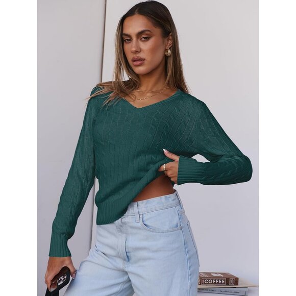 Women Deep Green Pull On Cable Knit Long Sleeve V Neck Fitted Casual Sweater - Picture 5 of 6